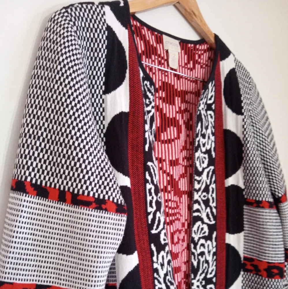 Chico's Black and Red Mixed Patterned Cardigan - Picture 3 of 10